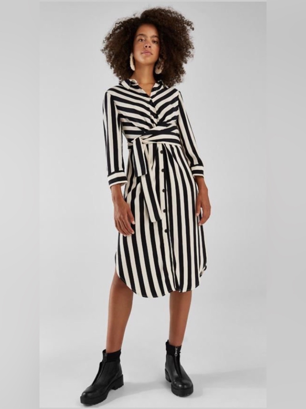Bershka Midi Shirt Dress Womens Small Black White Striped Belted Office Chic
